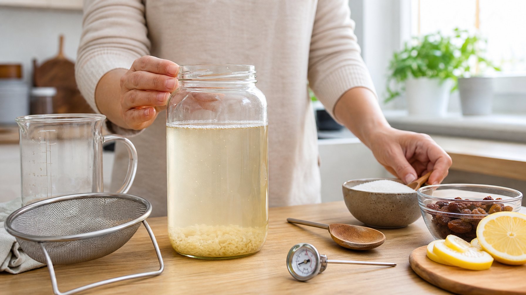 Tangan memeriksa stoples kefir air yang fermentasinya kurang aktif di dapur, dengan bahan dan peralatan di sekitarnya.