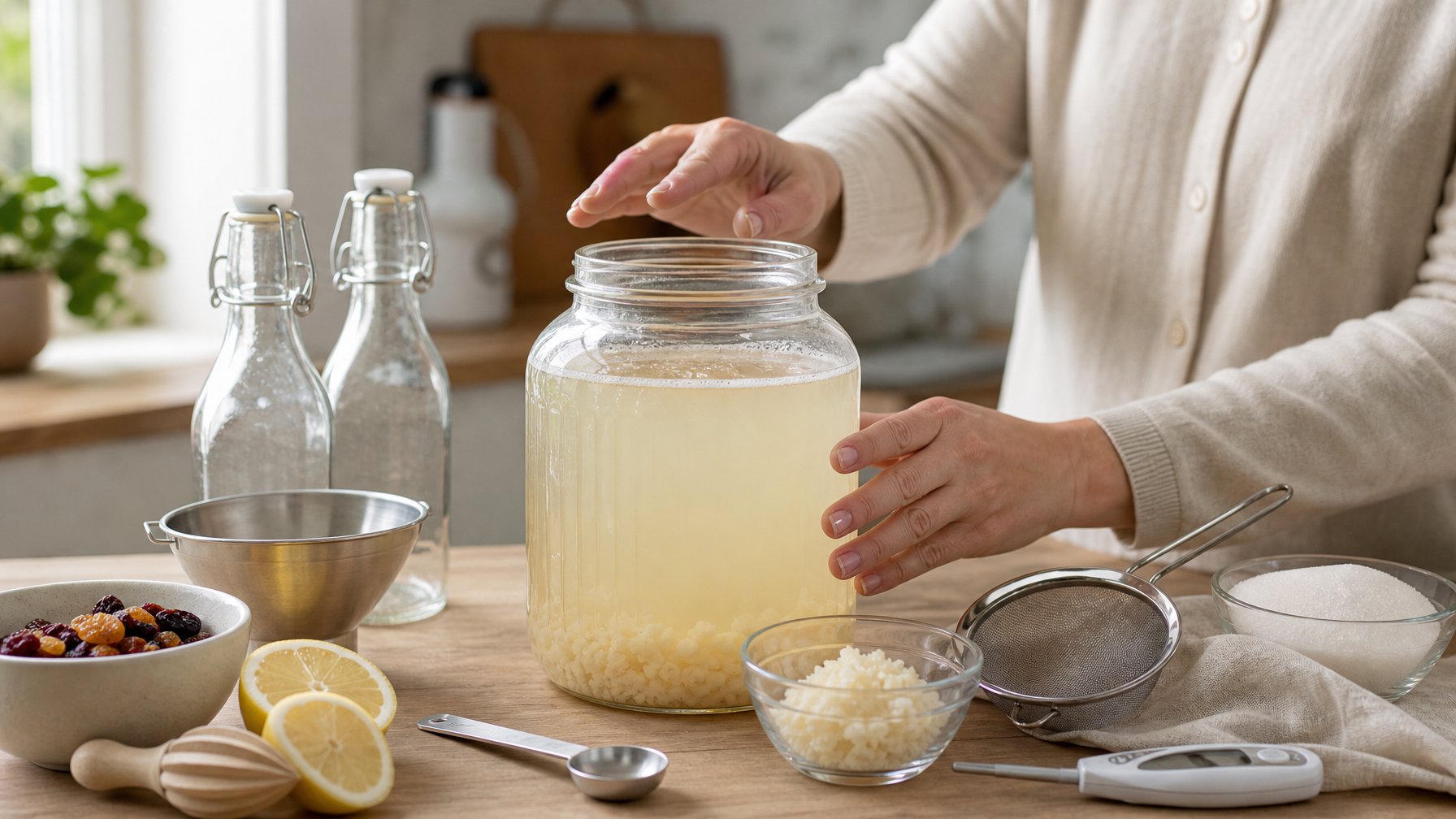 Tangan memeriksa stoples kaca berisi kefir air yang fermentasinya tampak tidak aktif di dapur rumah.