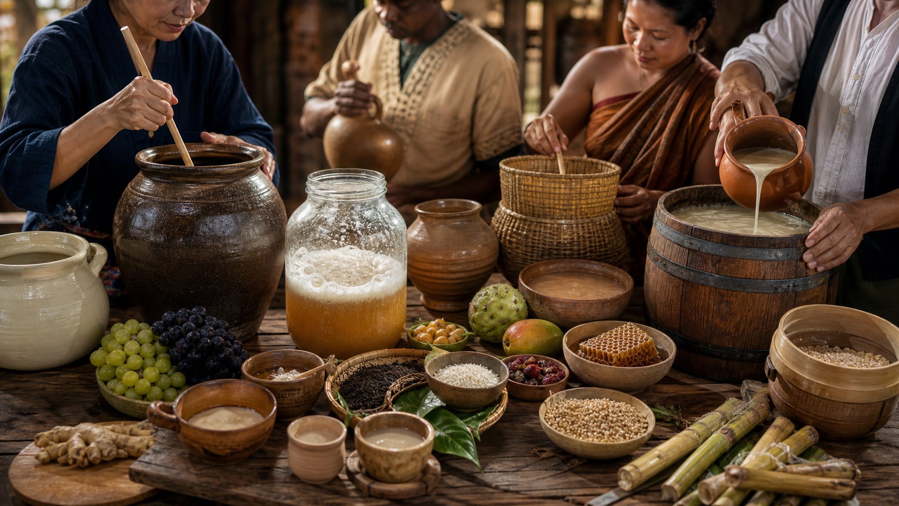 Beragam wadah tradisional berisi minuman fermentasi dan bahan-bahan alami ditata di atas meja kayu, dengan tangan pengrajin sedang mengolahnya.