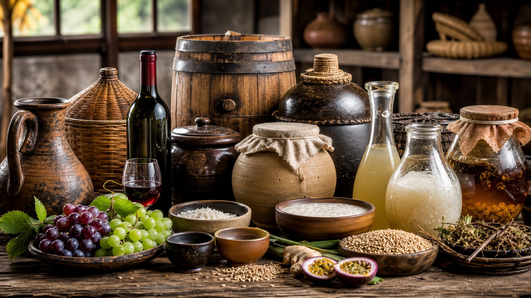 Beragam wadah tradisional dan bahan alami untuk fermentasi minuman tersusun di atas meja kayu dalam ruang kerja bergaya warisan budaya.