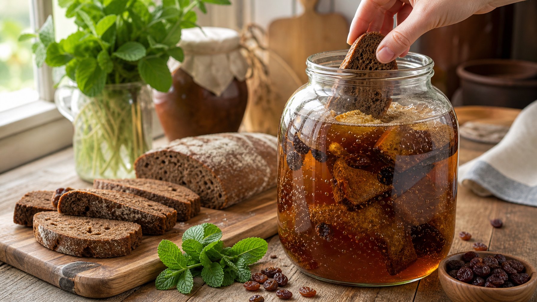 Stoples berisi minuman kvass berwarna cokelat keemasan dikelilingi roti gandum hitam, kismis, dan daun mint di atas meja dapur.