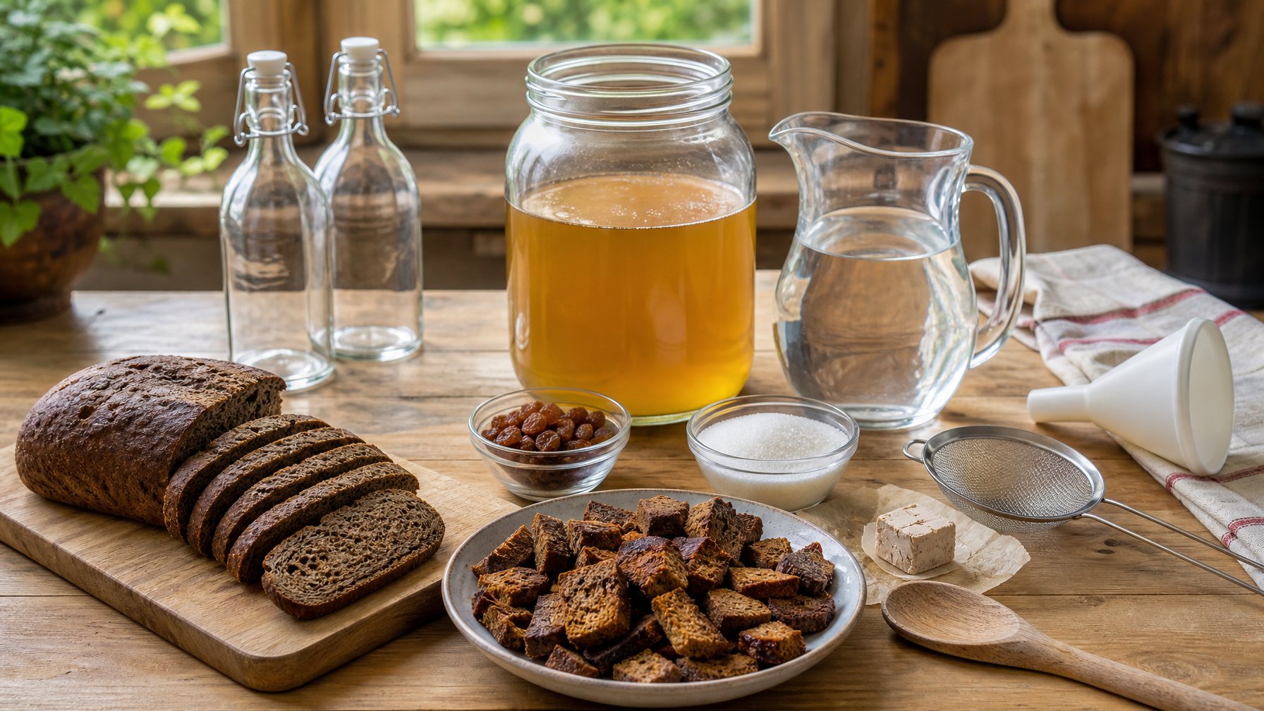 Bahan dan peralatan untuk membuat kvass tersusun di atas meja dapur, termasuk roti gandum hitam, stoples kaca, air, gula, ragi, kismis, dan alat penyaring.