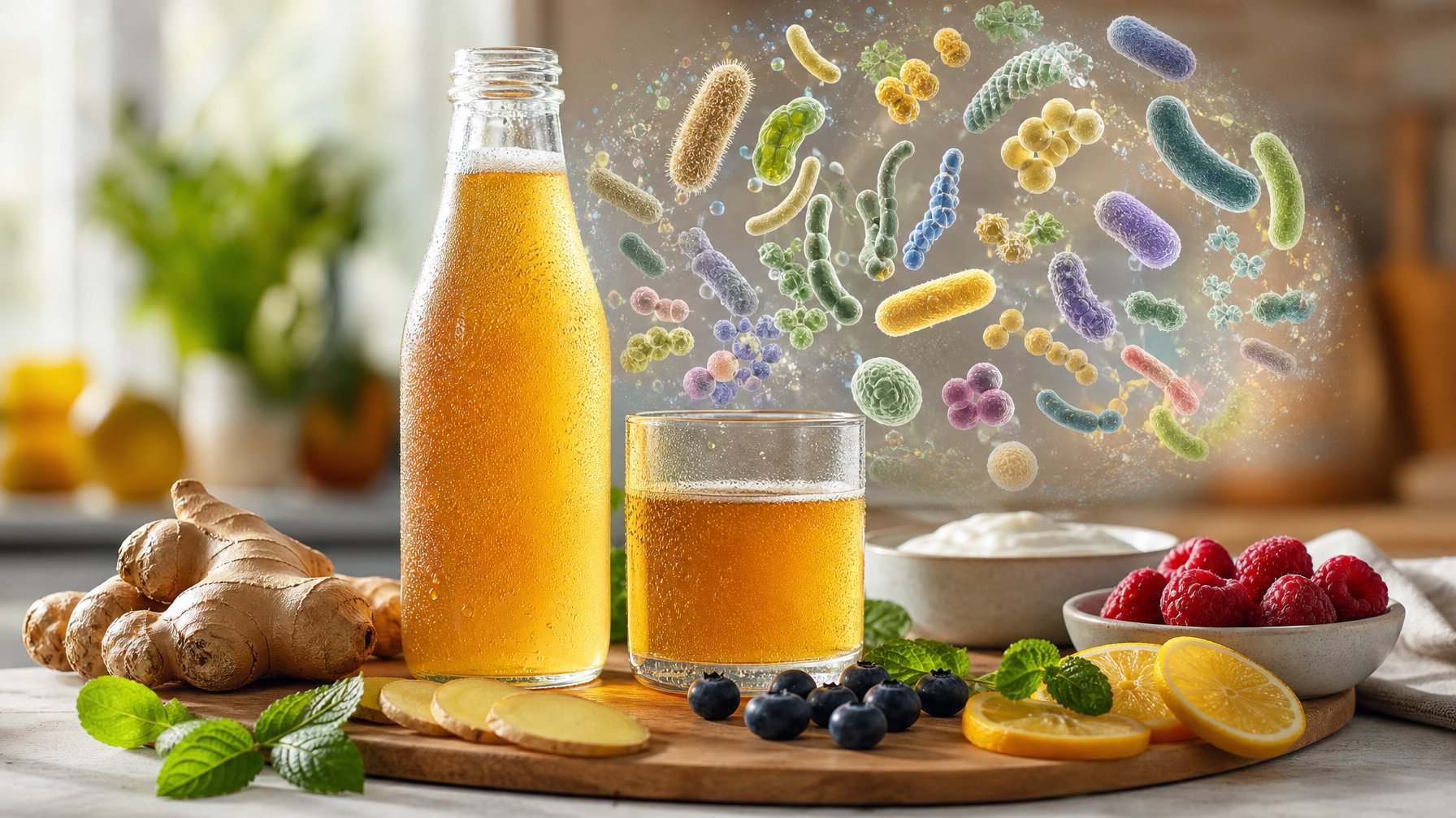 Segelas minuman fermentasi dikelilingi bahan-bahan segar dengan ilustrasi lembut mikroorganisme yang seimbang di latar belakang.