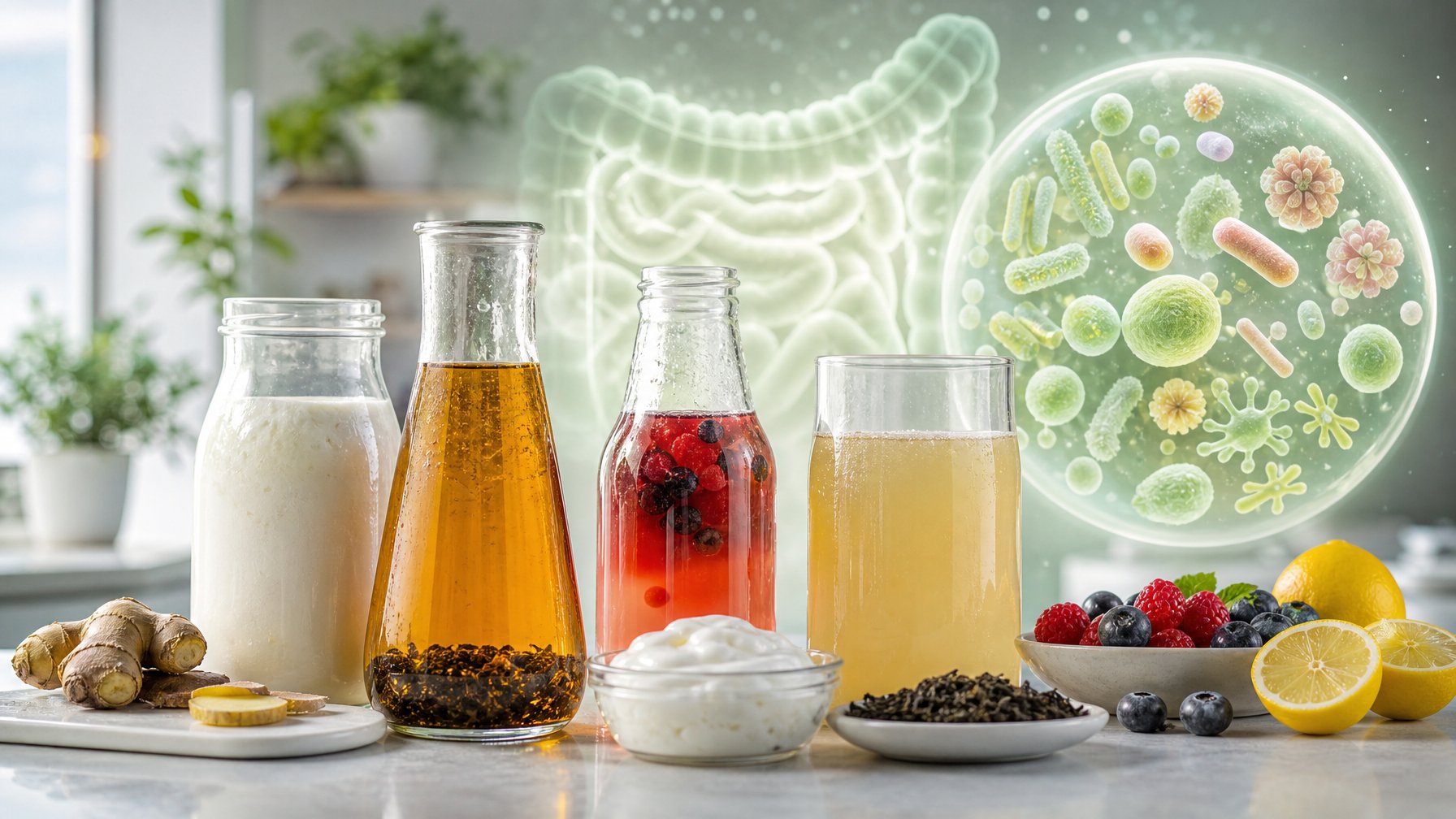 Beragam minuman fermentasi disajikan bersama bahan segar dengan ilustrasi halus mikrobioma usus yang seimbang di latar belakang.