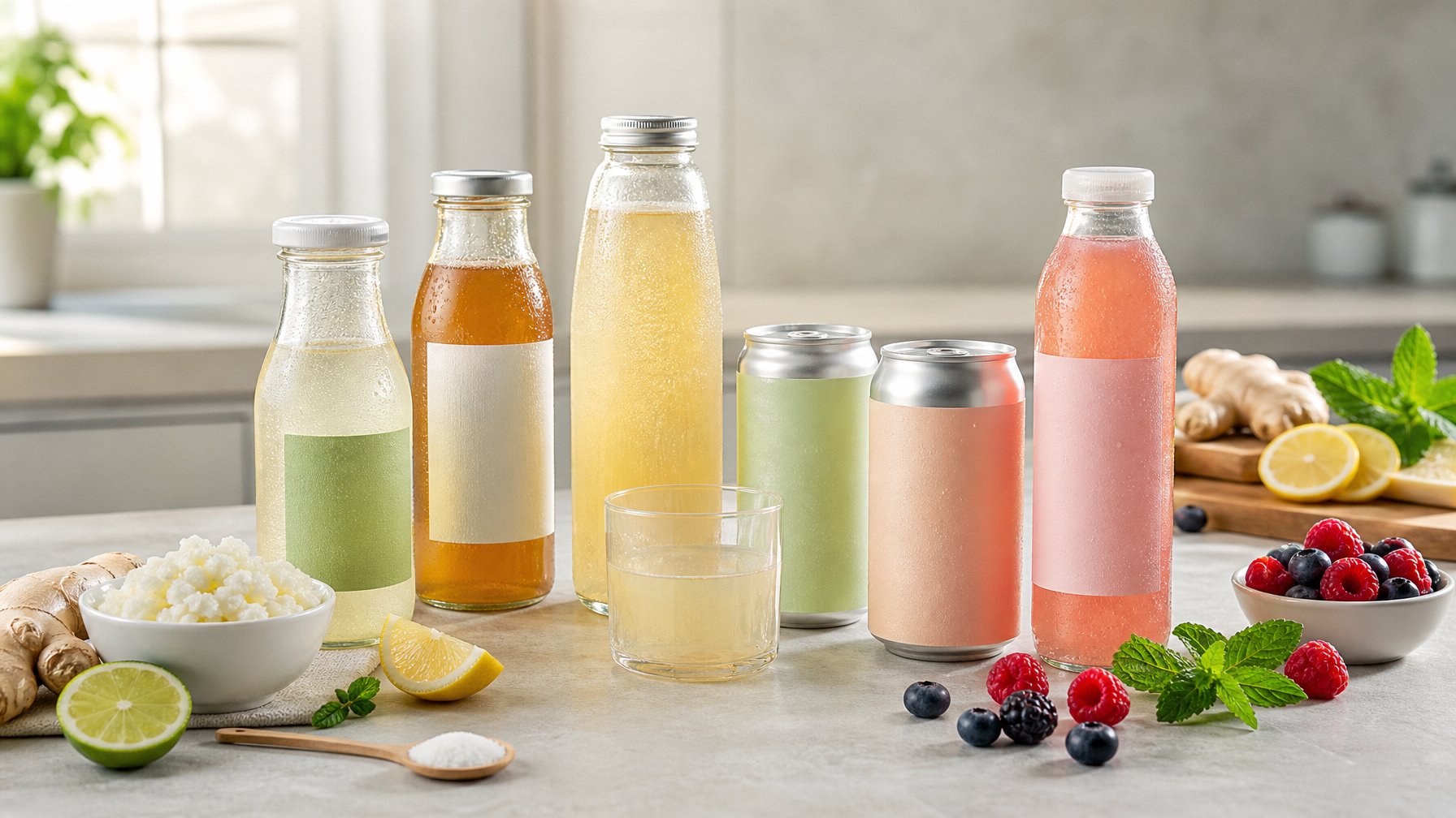 Botol dan kaleng minuman fermentasi tanpa merek ditata di atas meja dapur bersama lemon, jahe, buah beri, dan daun mint.