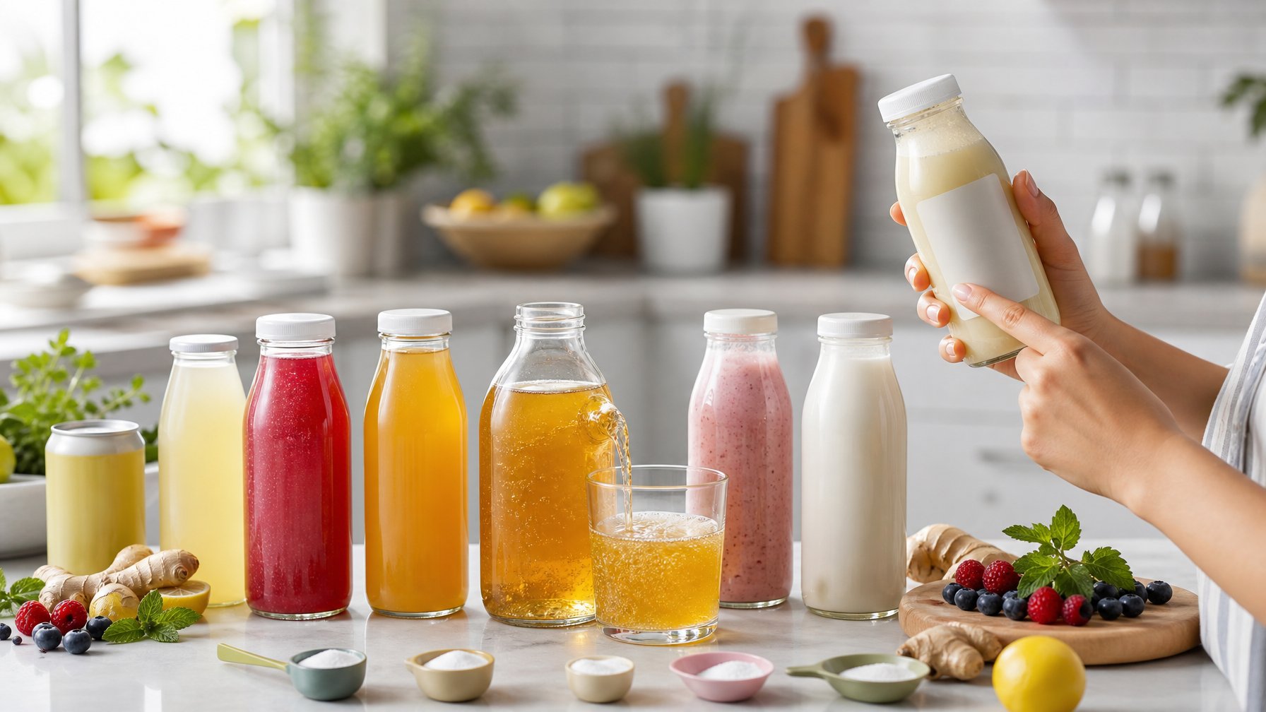 Beragam minuman fermentasi kemasan ditata bersama bahan segar, dengan seseorang memeriksa salah satu kemasan.