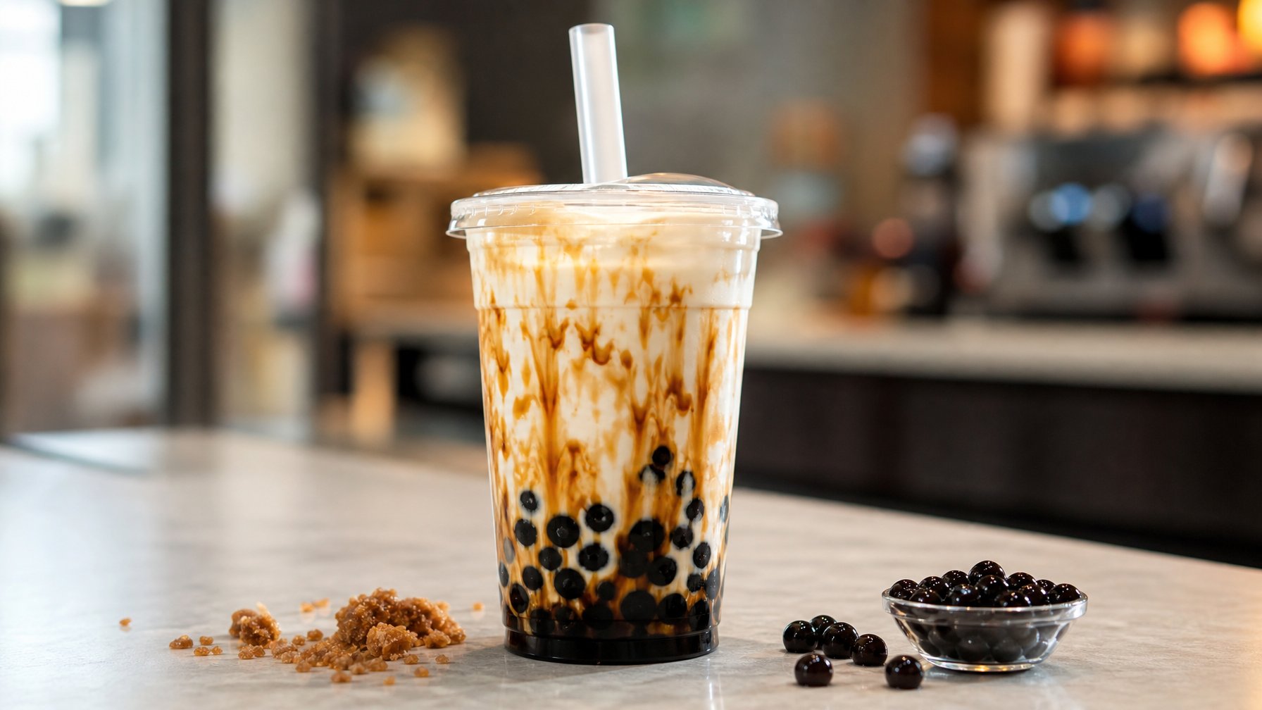 Segelas susu segar dengan boba hitam dan sirup gula merah di dalam gelas bening.