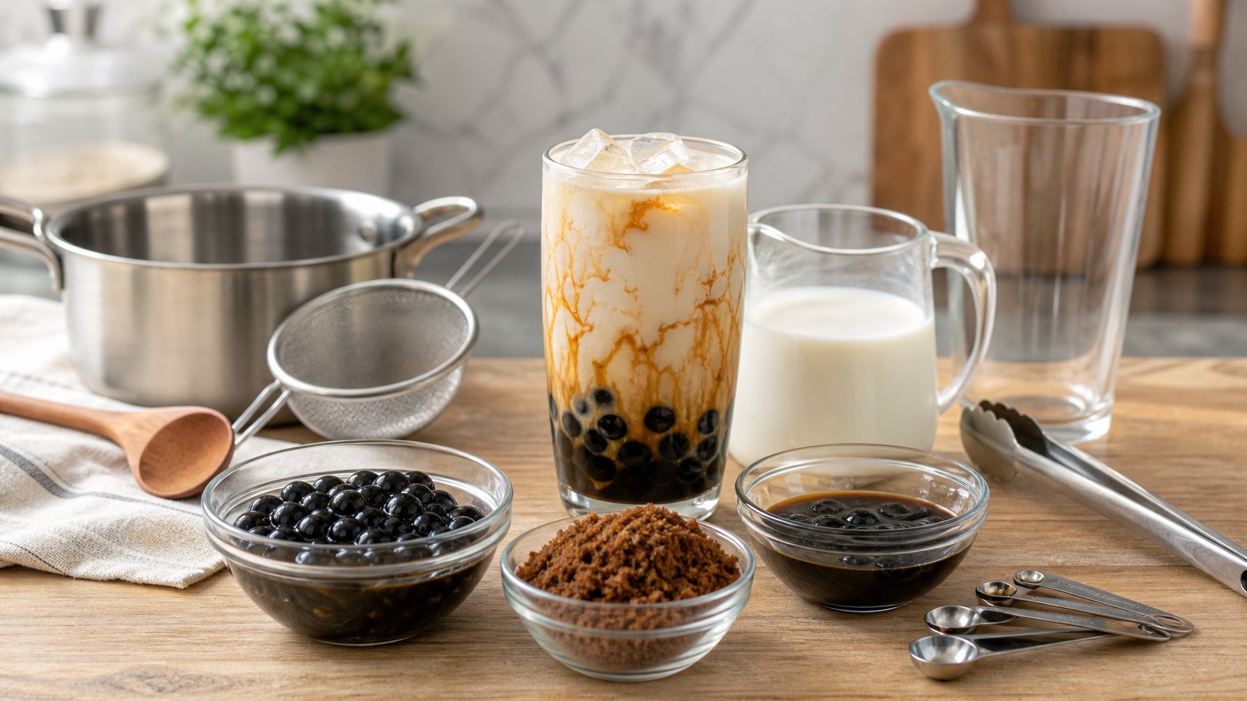 Bahan dan peralatan untuk membuat boba brown sugar fresh milk tersusun di atas meja dapur.