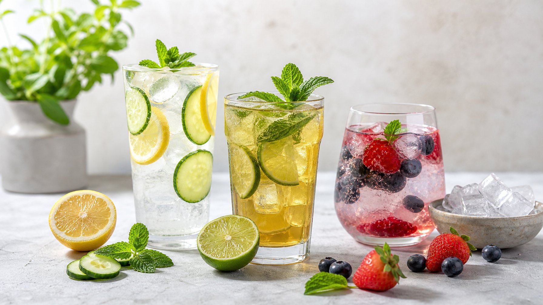Tiga gelas minuman dingin rendah gula dengan lemon, mentimun, teh hijau, mint, dan buah beri di atas meja terang.
