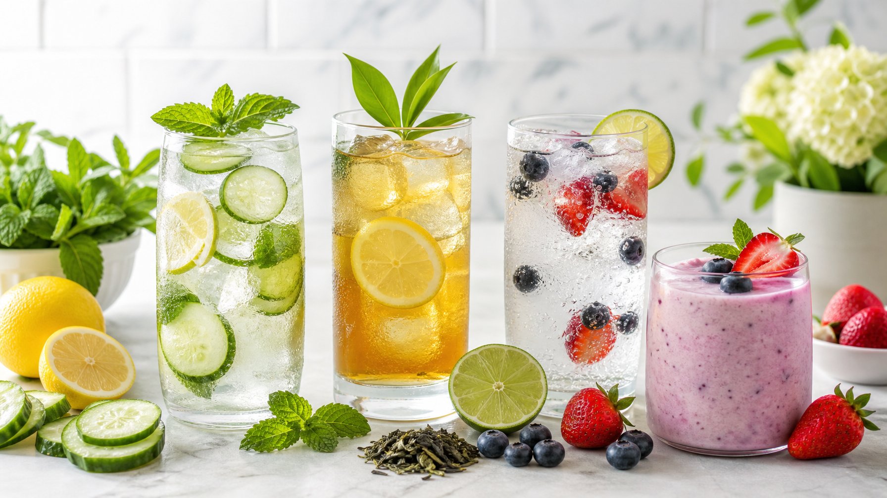 Beragam minuman dingin rendah gula dengan buah segar, lemon, mentimun, dan daun mint di atas meja dapur.
