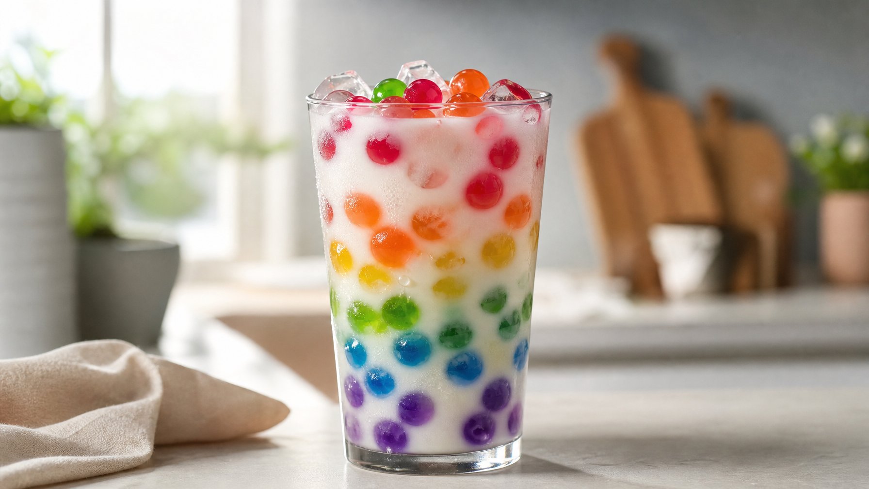 Segelas susu full krim dingin berisi bola-bola jelly warna-warni.