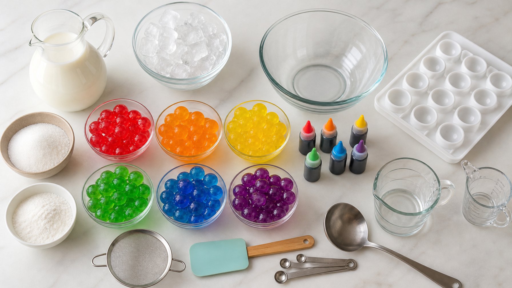 Bahan dan peralatan untuk membuat es jelly ball rainbow susu full krim tersusun di atas meja dapur.