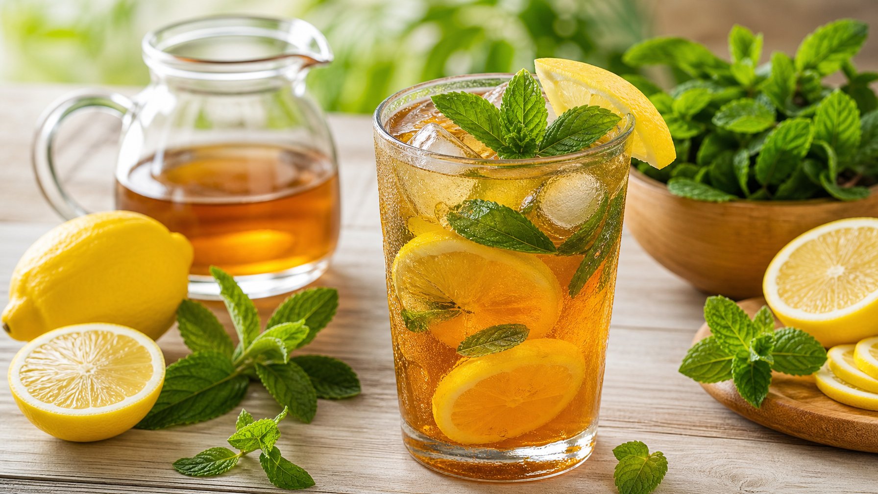Segelas teh lemon mint dingin dengan es batu, irisan lemon, dan daun mint di atas meja.
