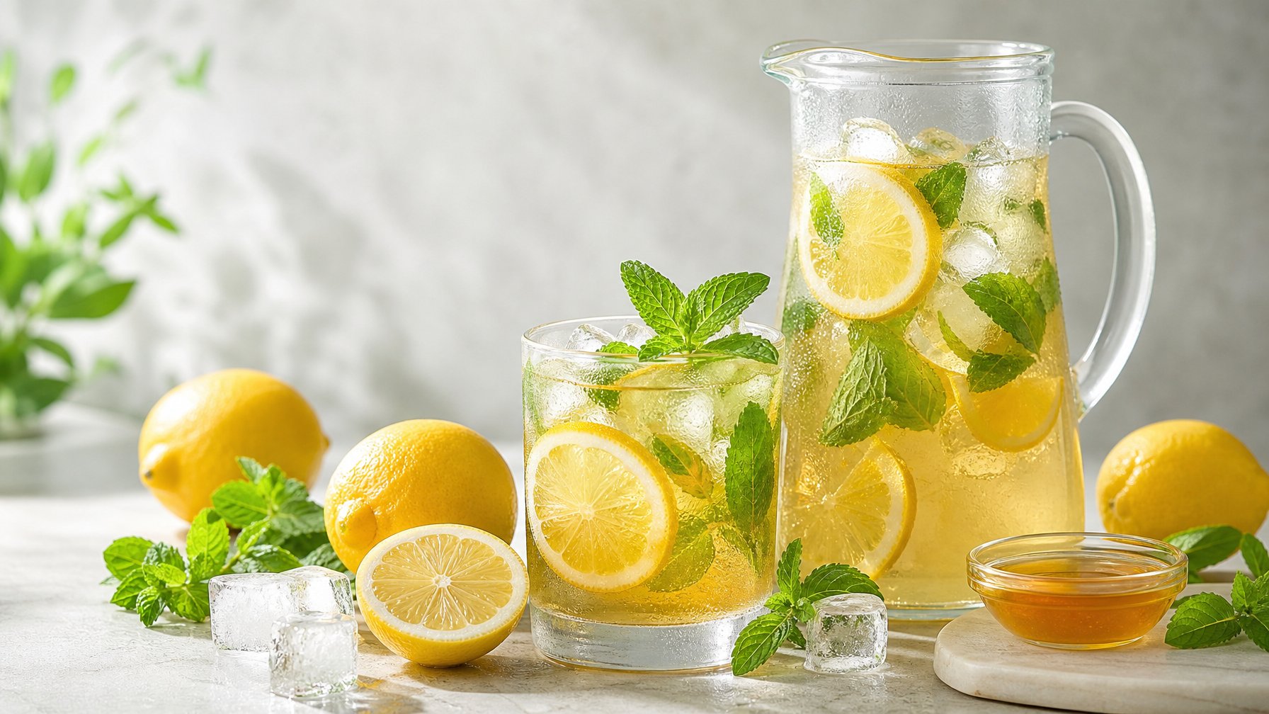 Segelas teh lemon mint dingin dengan es, irisan lemon, daun mint, madu, dan bahan-bahan segar di atas meja.
