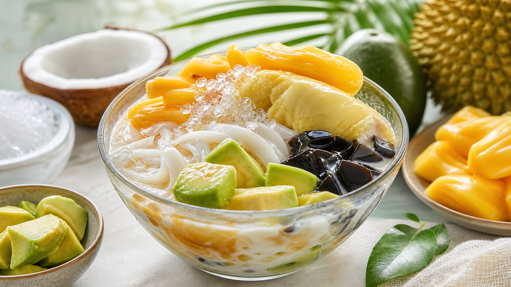 Semangkuk es teler berisi alpukat, nangka, durian, kelapa muda, cincau, es serut, dan santan.