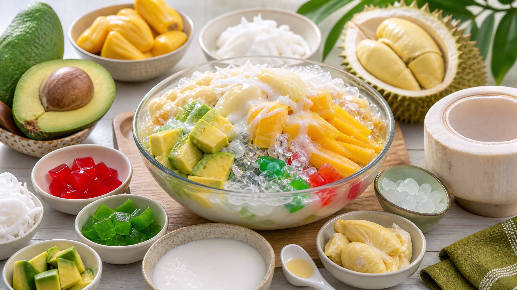 Semangkuk es teler berisi alpukat, nangka, durian, kelapa muda, agar-agar, dan es serut dengan bahan-bahan segar di sekelilingnya.