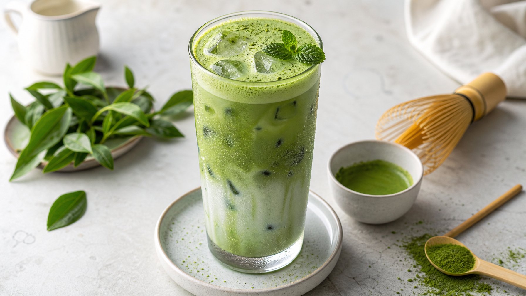 Segelas minuman matcha dingin berlapis susu, es batu, dan hiasan daun mint di atas meja dengan perlengkapan penyeduhan teh hijau.