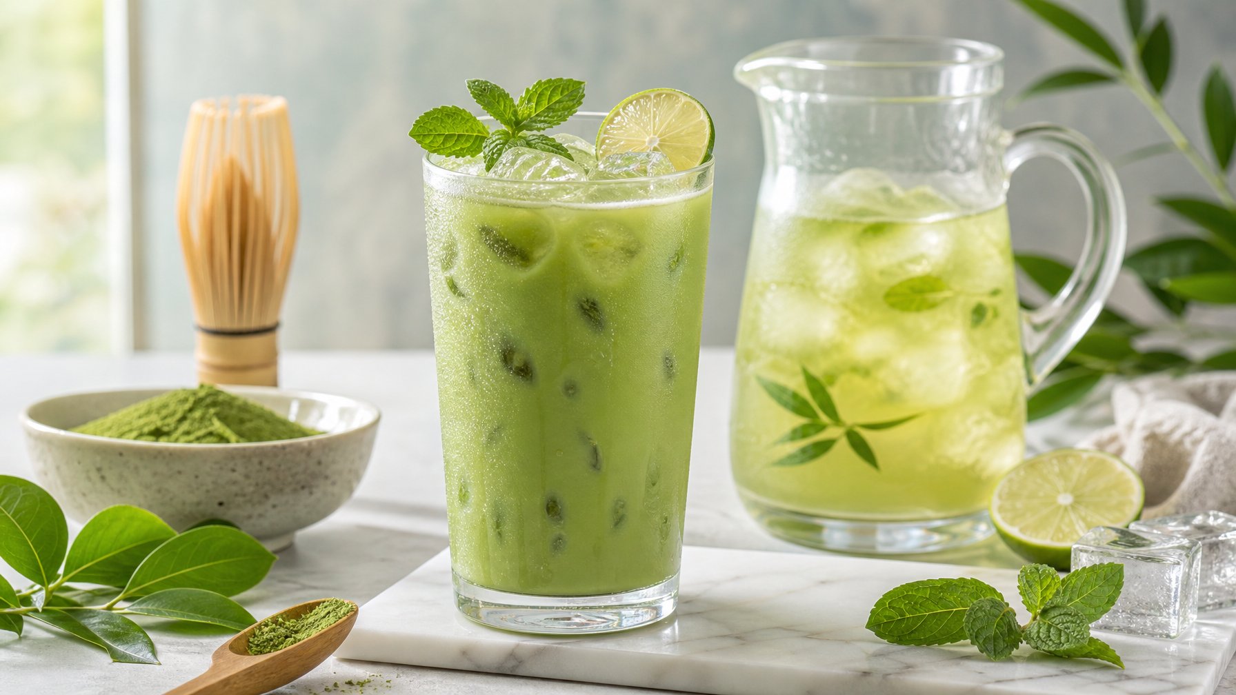 Segelas teh hijau matcha dingin dengan es, jeruk nipis, dan daun mint di atas meja.