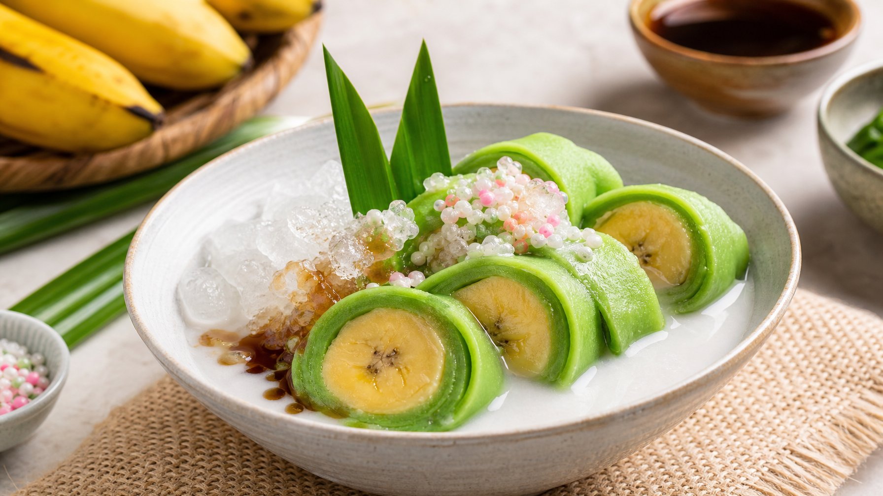 Semangkuk es pisang ijo dengan pisang berbalut kulit hijau, saus santan putih, es serut, dan sirup gula merah.