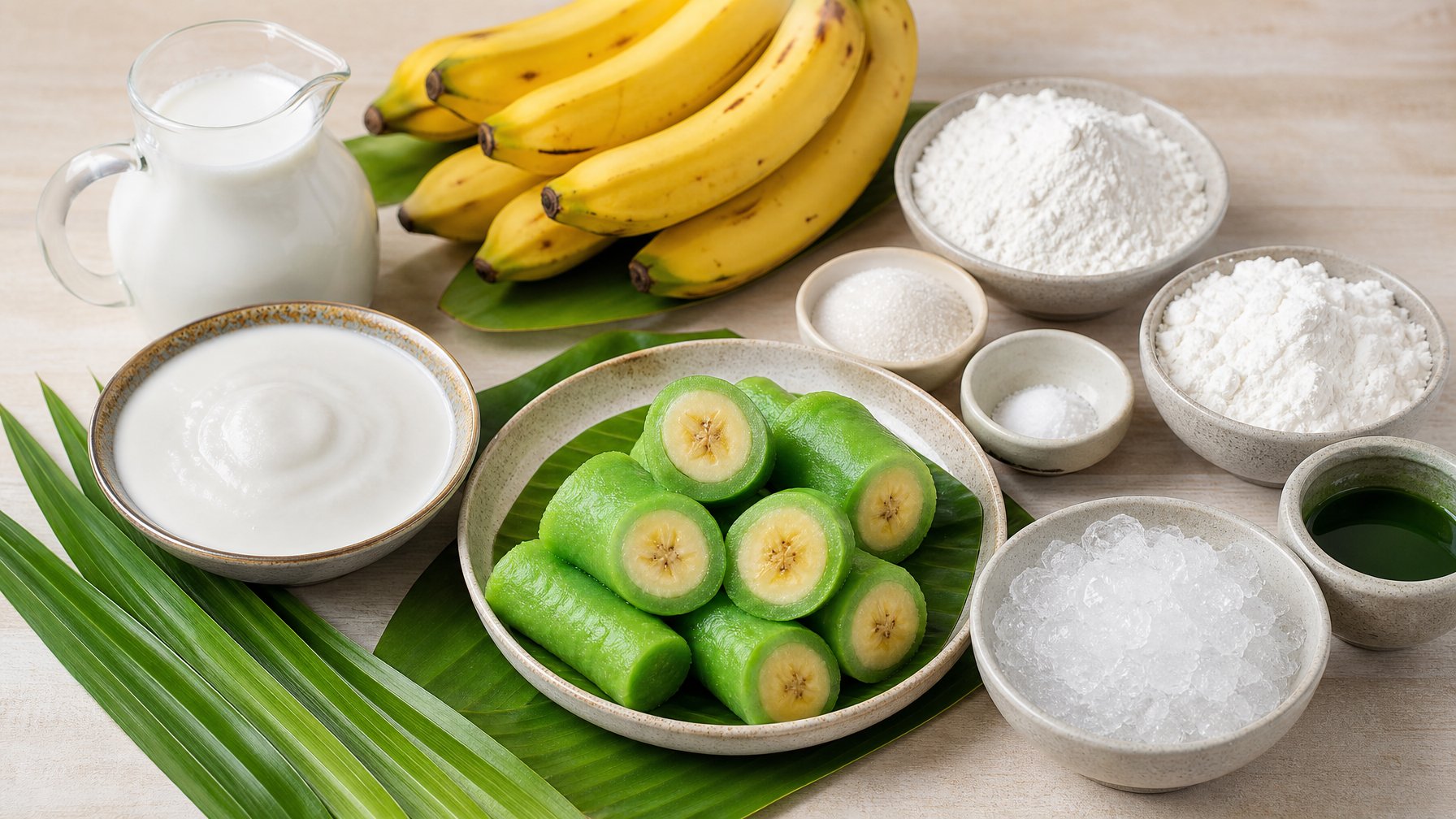 Bahan-bahan es pisang ijo dan saus vla santan tersusun rapi di atas meja.
