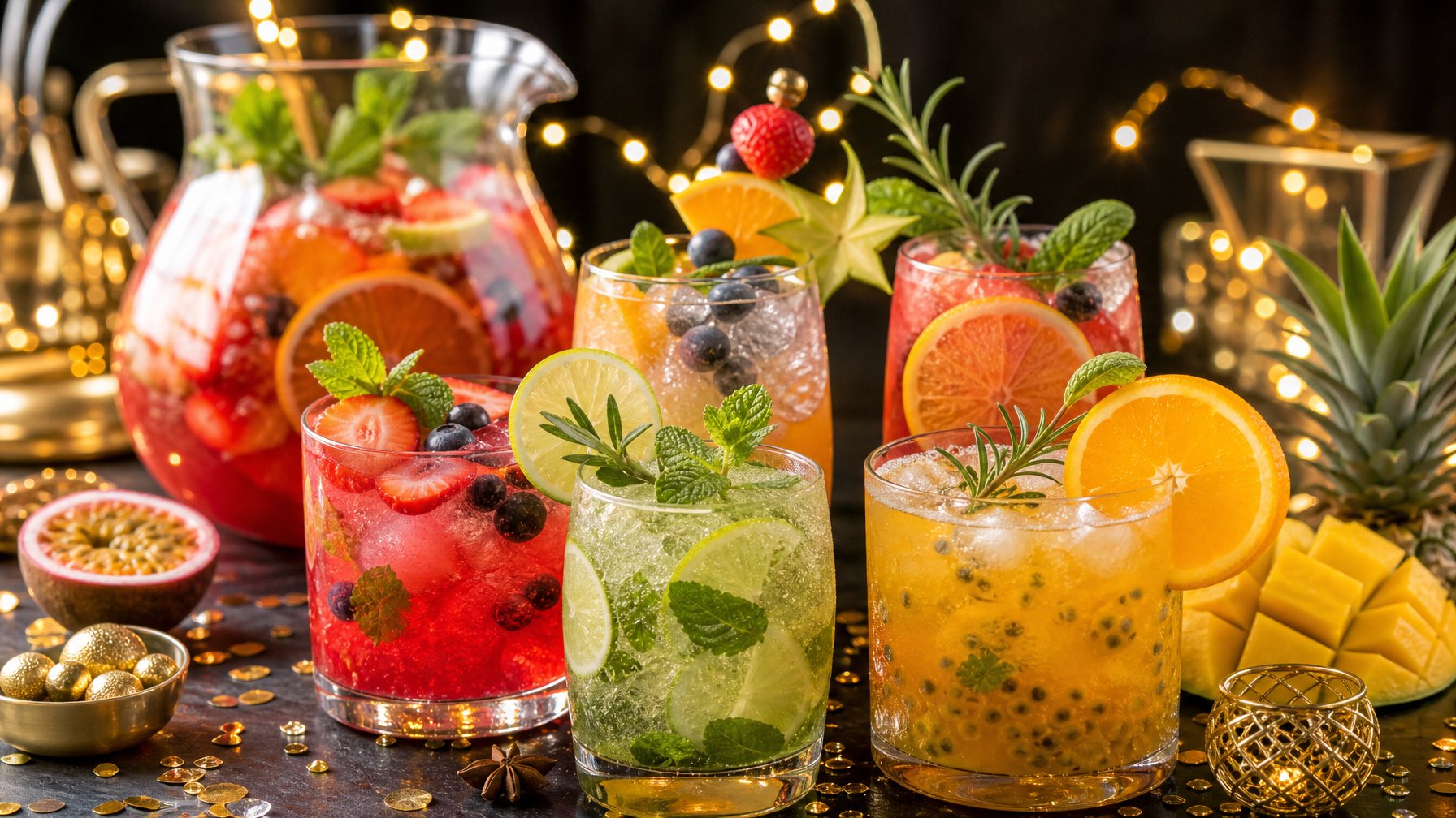 Meja pesta malam Tahun Baru dengan aneka mocktail buah segar tanpa alkohol, potongan buah, daun mint, dan hiasan meriah.