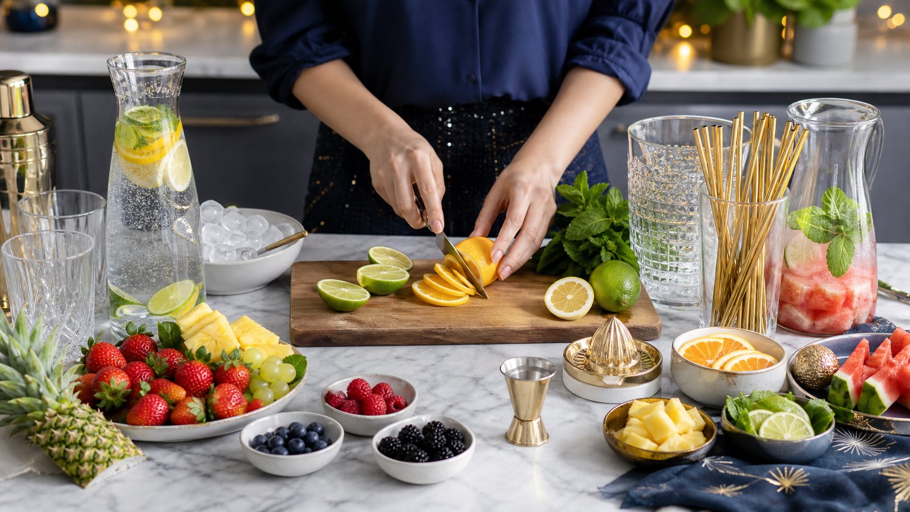 Bahan buah segar dan peralatan untuk membuat mocktail tertata di atas meja dapur.