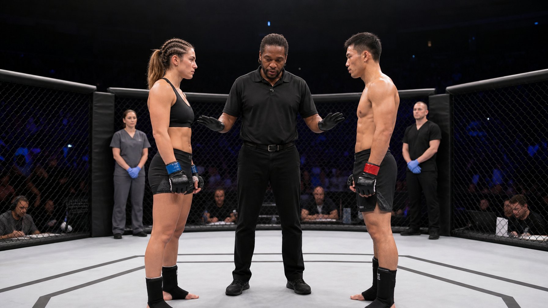 Seorang wasit menjelaskan aturan kepada dua petarung MMA di dalam arena pertandingan.