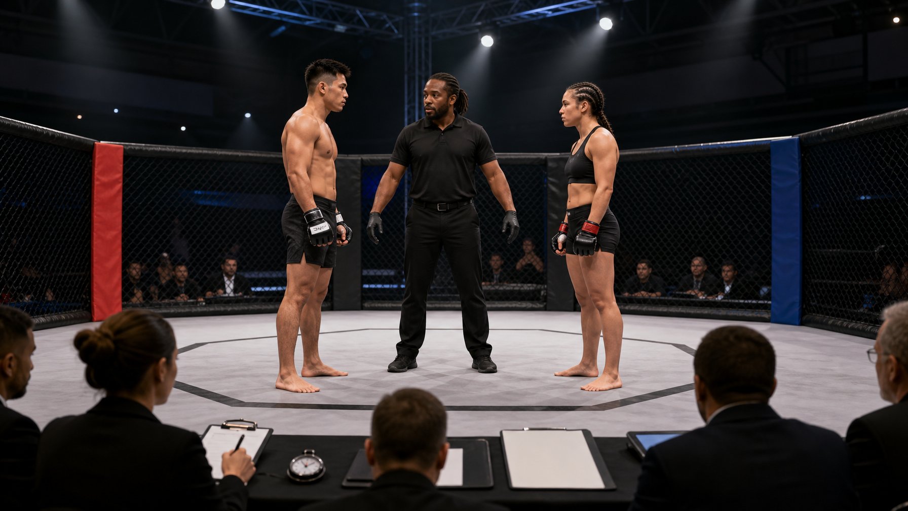 Dua petarung MMA berdiri di dalam oktagon bersama wasit, sementara juri dan petugas pertandingan terlihat di luar arena.