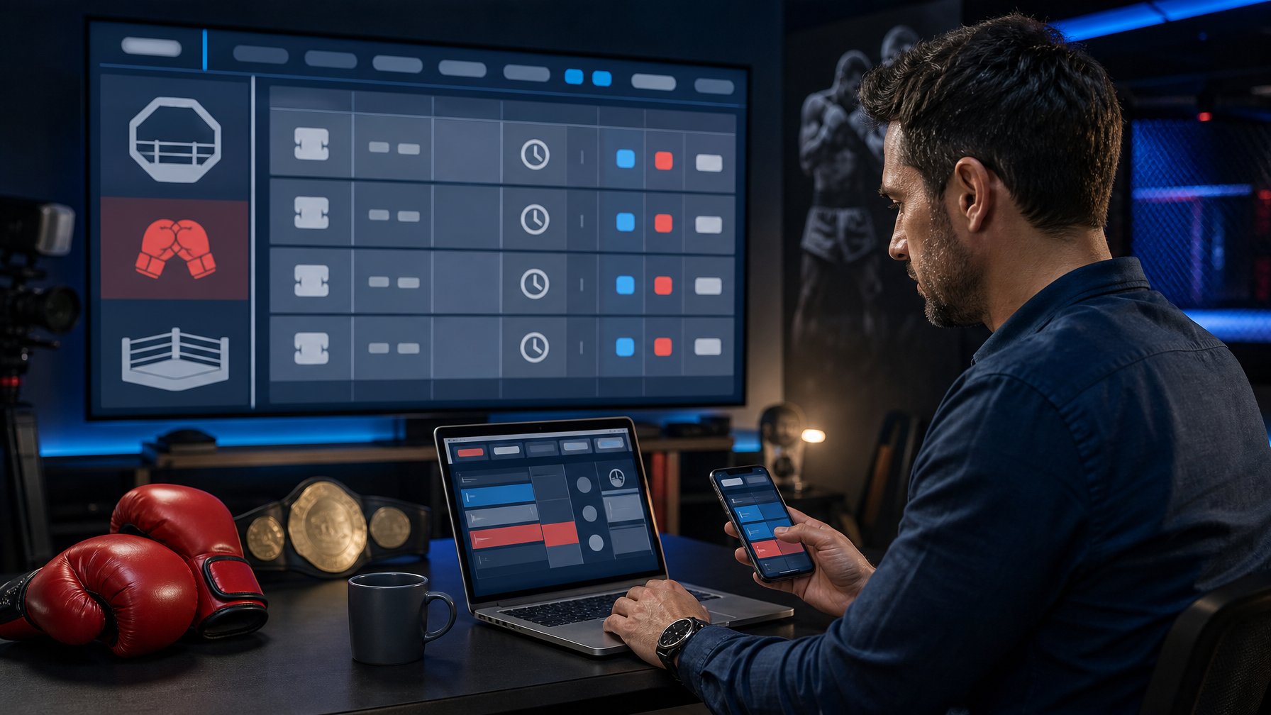 Penggemar olahraga memantau jadwal pertandingan UFC dan tinju melalui laptop dan ponsel di ruang kerja modern.