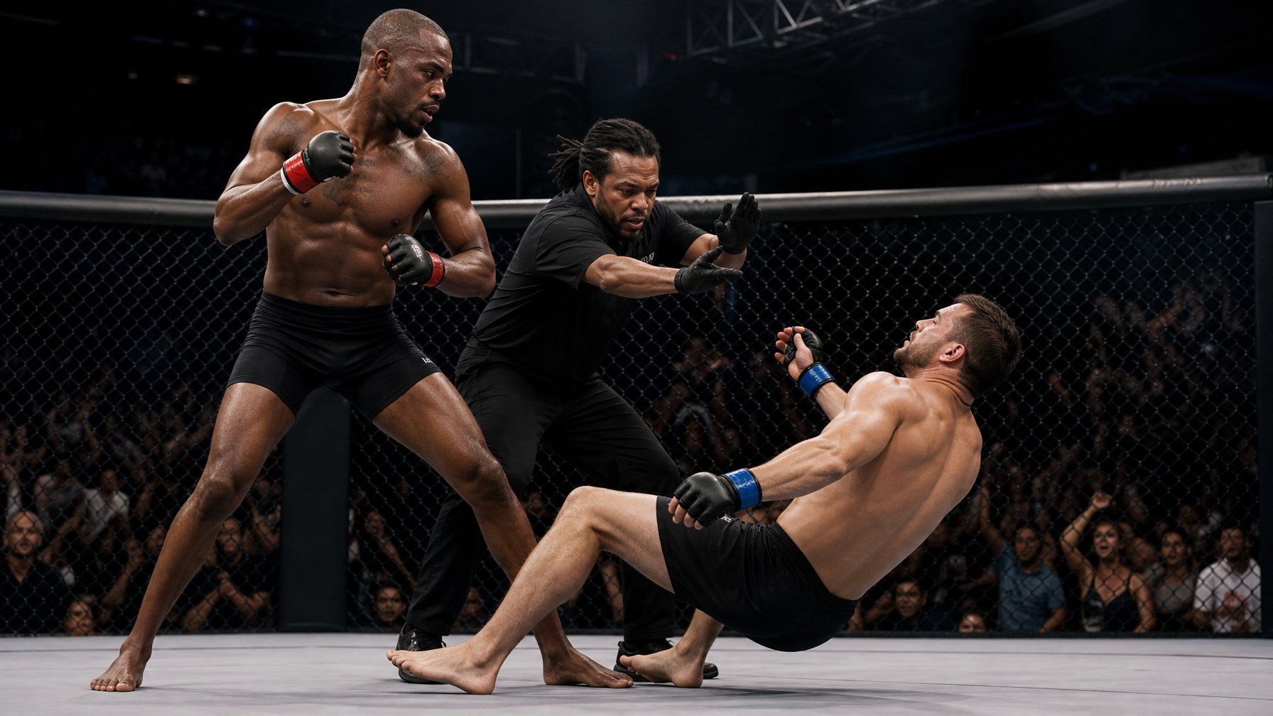 Dua petarung MMA bertanding di dalam oktagon saat wasit menghentikan pertandingan setelah salah satu petarung terjatuh.