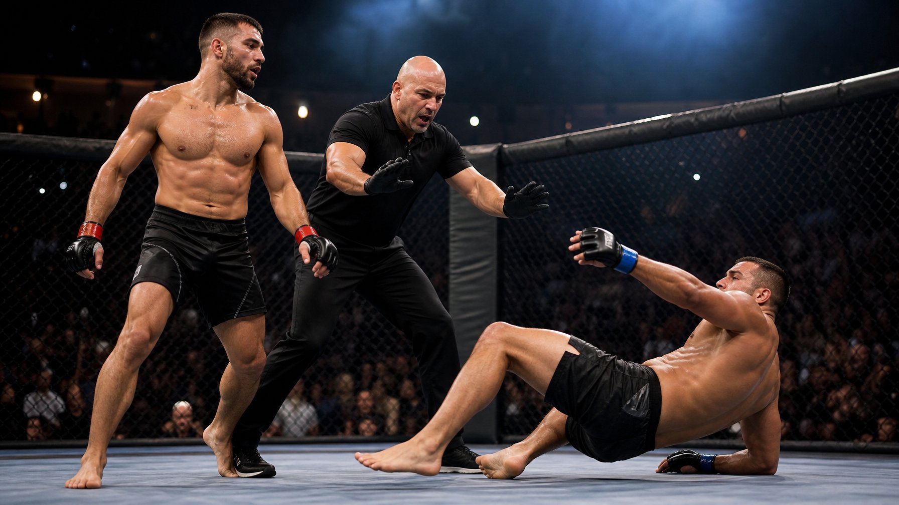 Dua petarung MMA berada di dalam oktagon setelah pertukaran serangan cepat, dengan wasit menghentikan pertandingan.