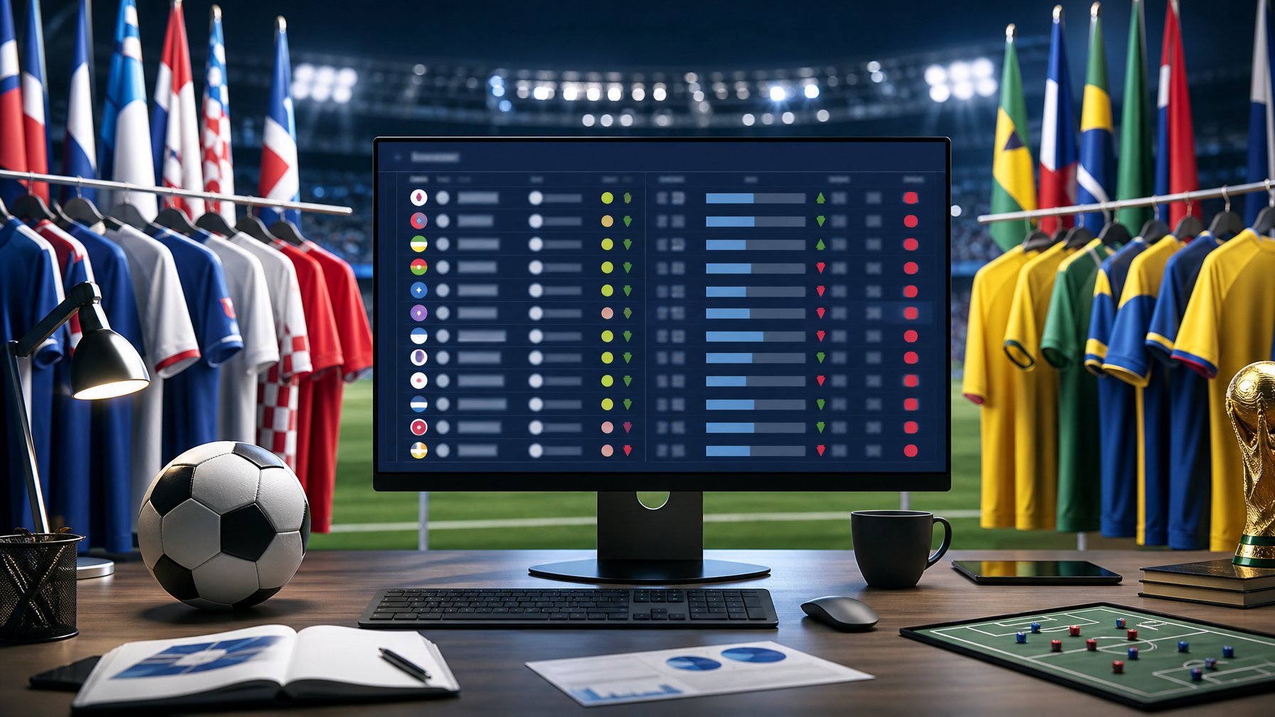 Meja analisis olahraga dengan layar klasemen sepak bola dan perlengkapan yang mewakili Eropa serta Amerika Latin.