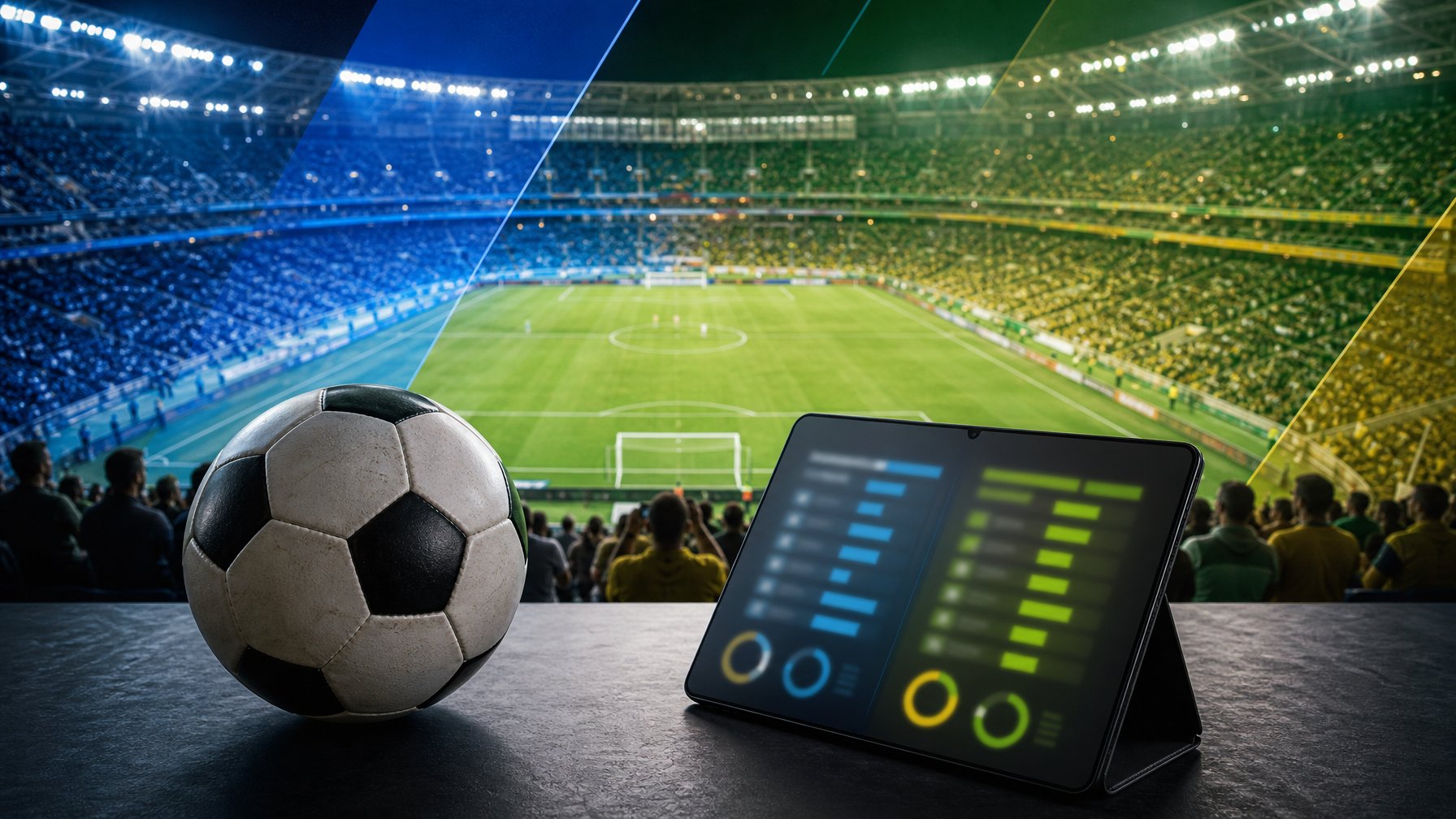 Suasana stadion sepak bola dengan bola dan tablet yang menampilkan grafik klasemen secara samar.