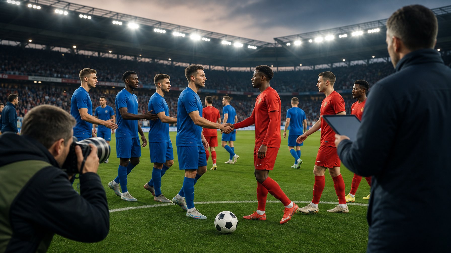 Dua tim sepak bola internasional berjabat tangan di tengah lapangan setelah pertandingan persahabatan.
