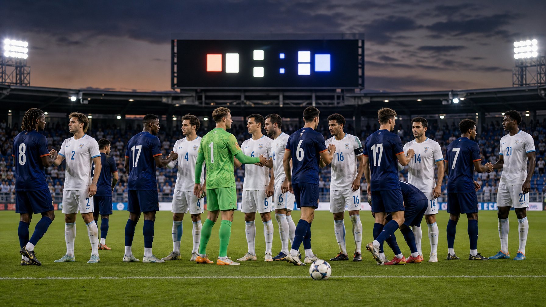 Dua tim sepak bola nasional berjabat tangan di lapangan setelah pertandingan persahabatan.