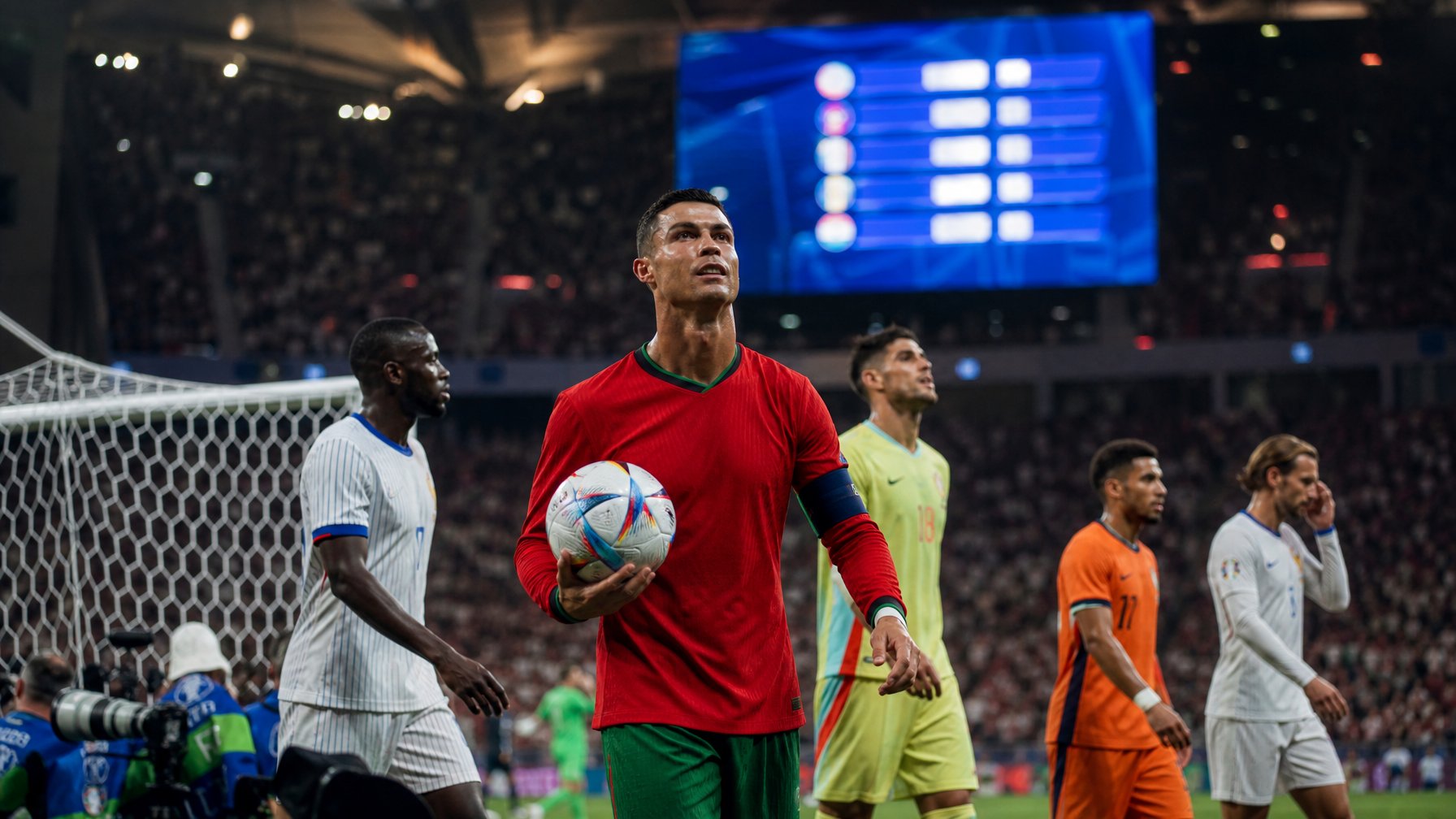Beberapa pemain sepak bola berdiri di lapangan stadion setelah pertandingan, dengan papan skor buram dan penonton di latar belakang.