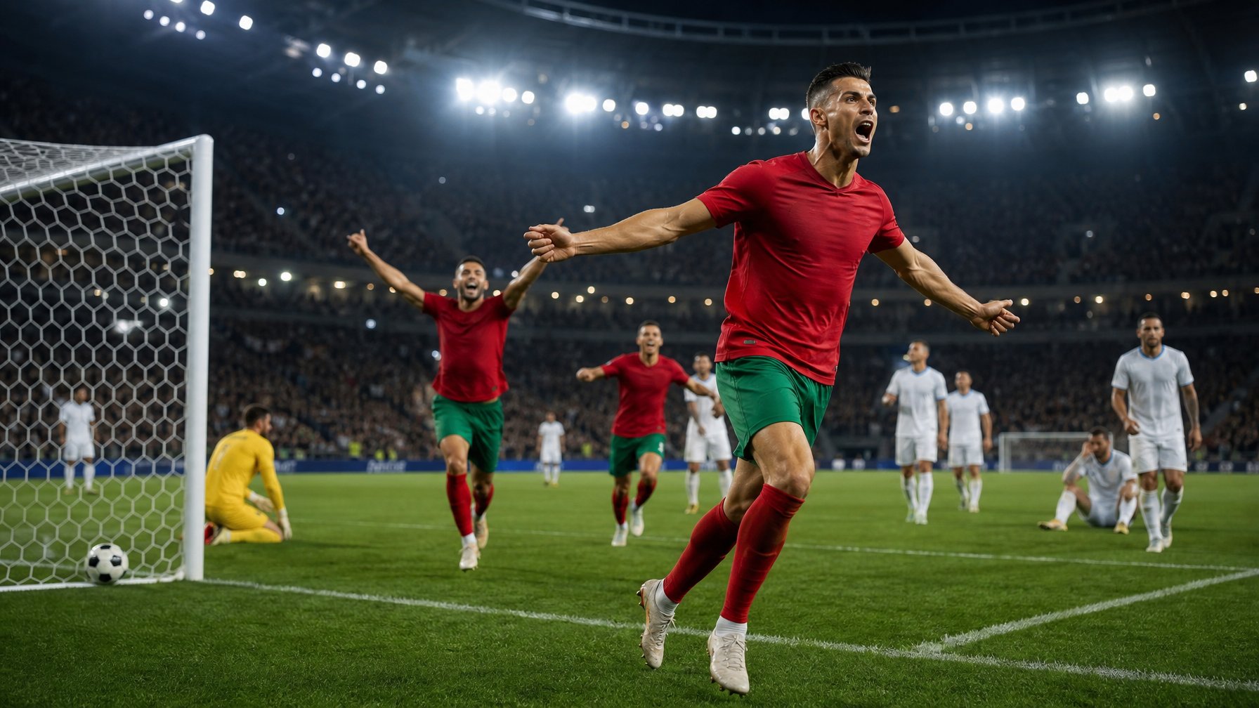 Pesepak bola merayakan gol dalam pertandingan internasional di stadion yang dipenuhi penonton.