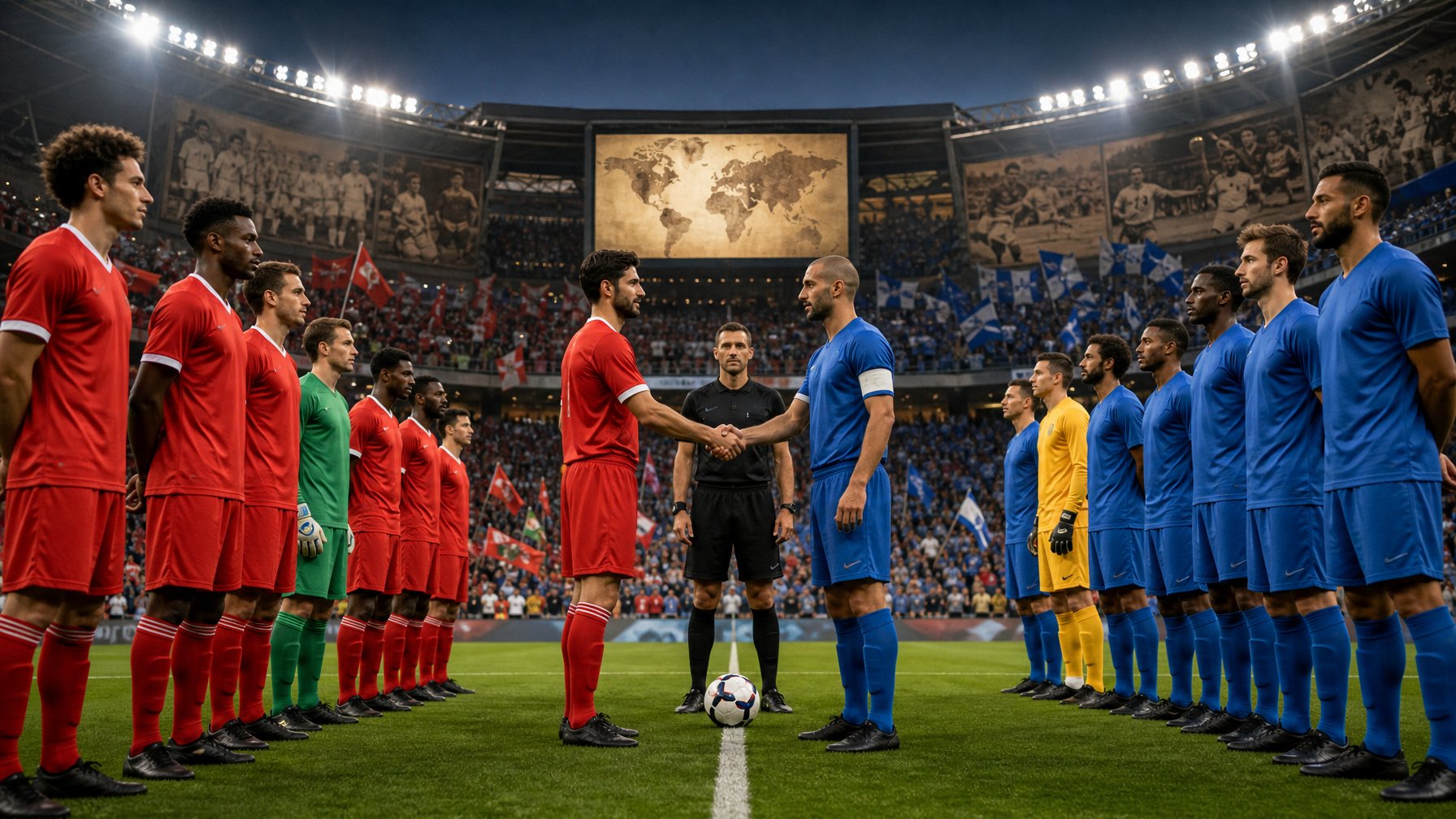 Dua tim sepak bola nasional berdiri berhadapan di lapangan stadion sebelum pertandingan, dengan wasit, suporter, dan bendera di latar belakang.