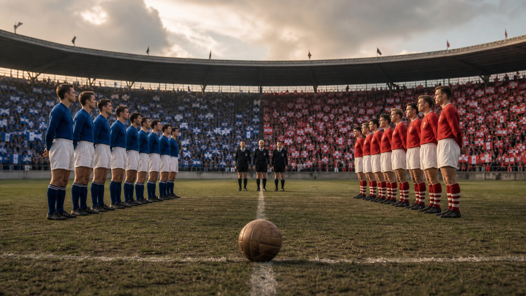 Dua tim sepak bola internasional berdiri berhadapan di lapangan stadion sebelum pertandingan, disaksikan para pendukung.