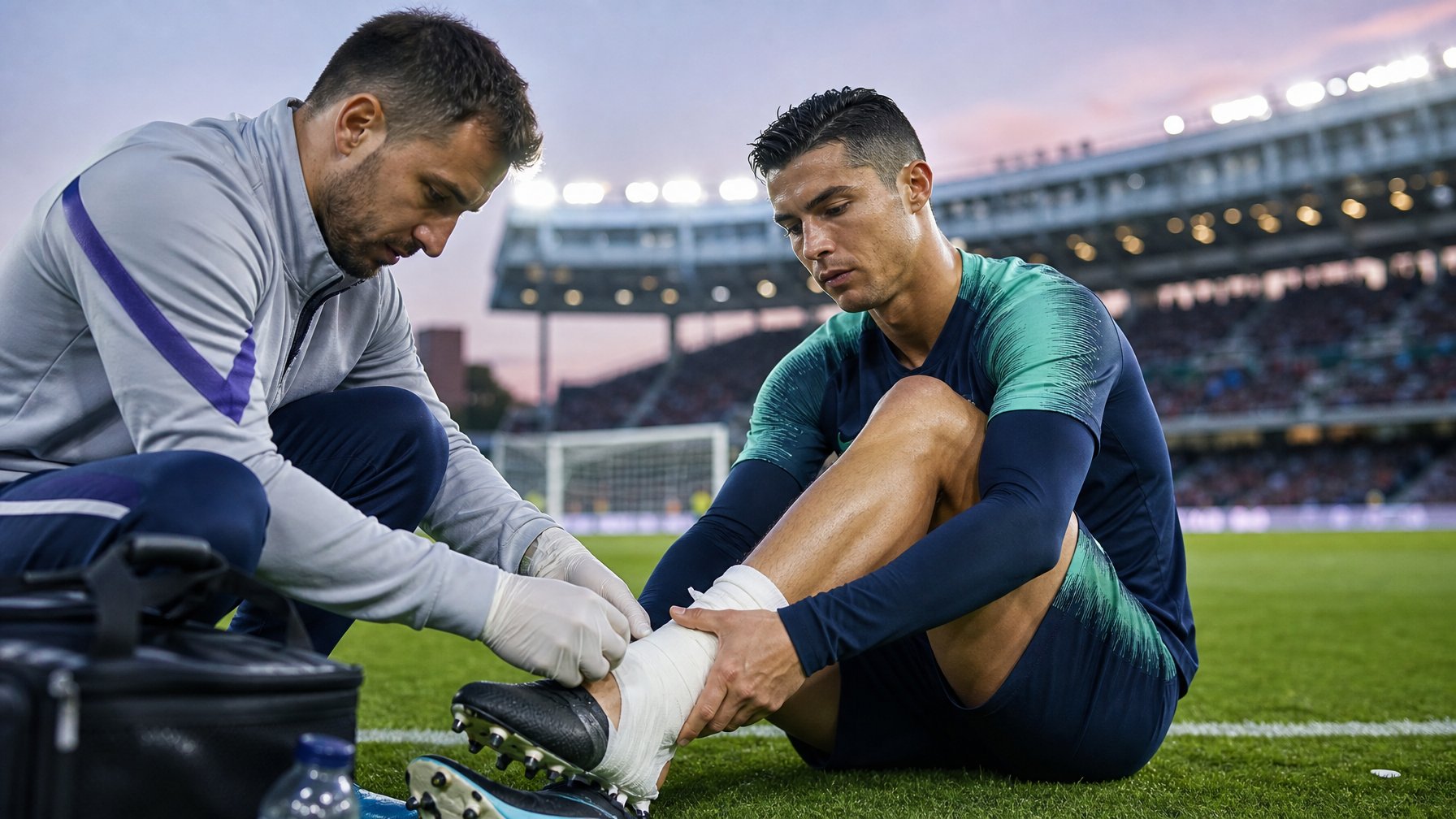 Seorang pemain sepak bola bintang duduk di tepi lapangan sambil memeriksa pergelangan kakinya dengan bantuan staf medis.