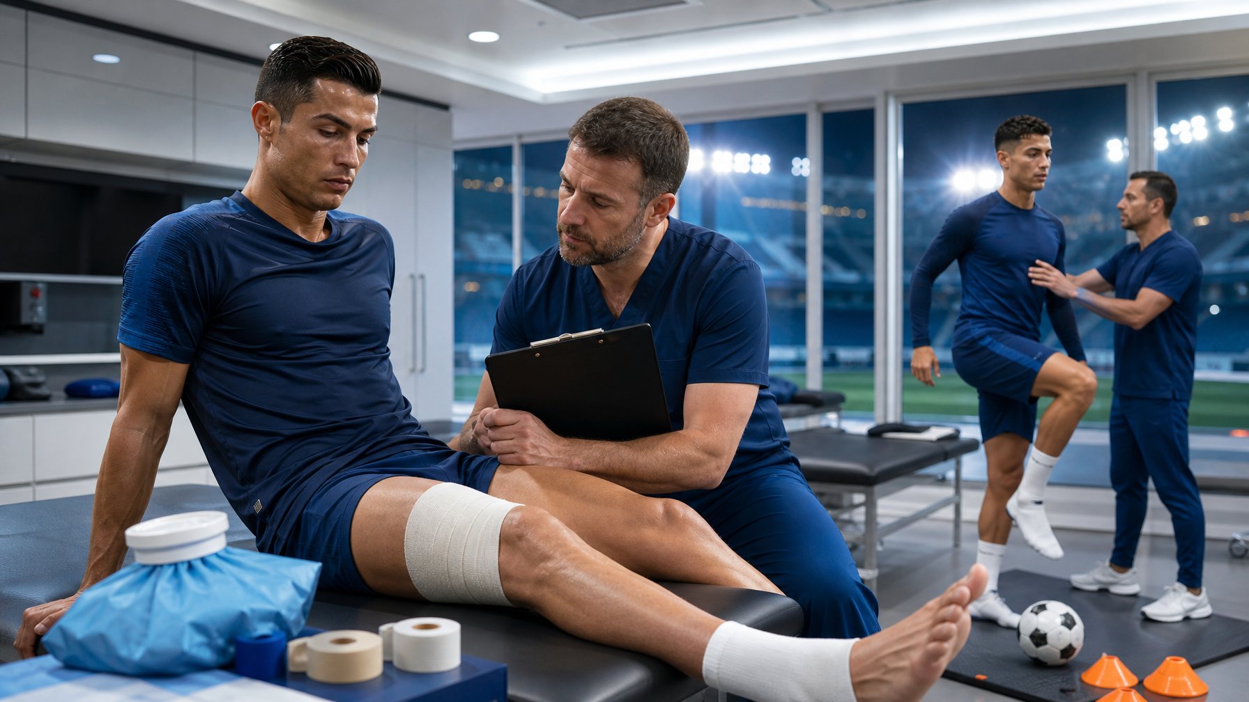 Pemain sepak bola bintang diperiksa dokter olahraga karena cedera menjelang pertandingan internasional penting.