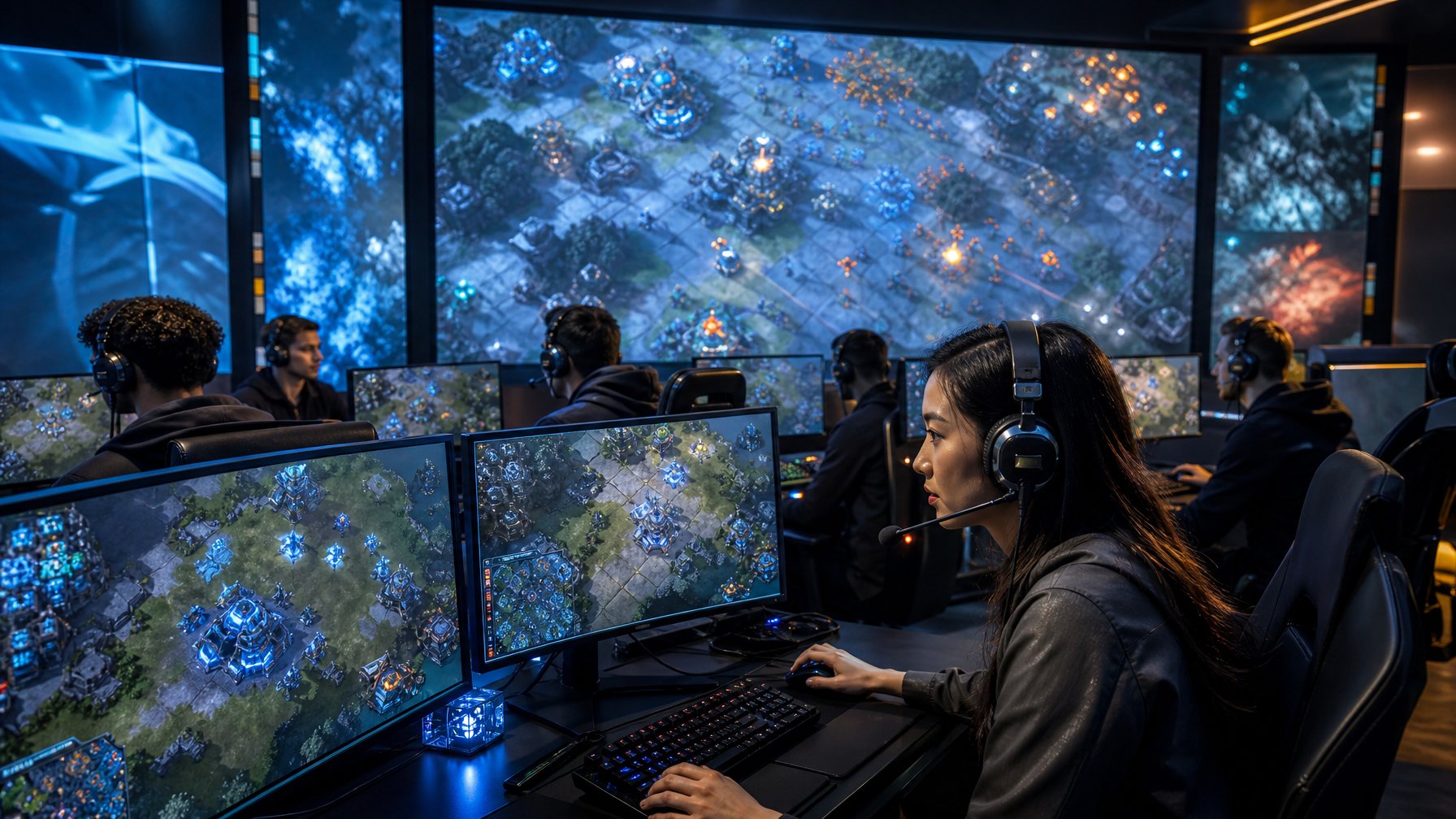 Tim pemain dewasa berkompetisi dalam permainan strategi waktu nyata di pusat esports modern dengan layar yang menampilkan peta pertempuran.