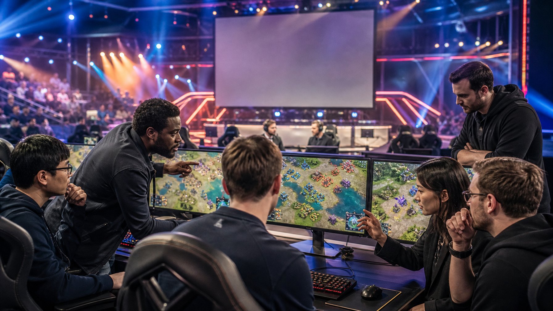 Sekelompok pemain dan analis berdiskusi dalam arena esports modern sambil mengamati pertandingan strategi waktu nyata.