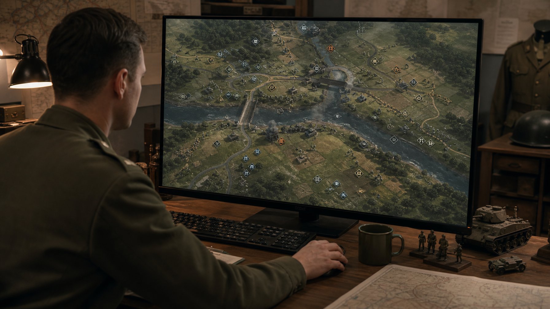Meja kerja dengan monitor yang menampilkan peta taktis Perang Dunia II dan susunan unit militer.