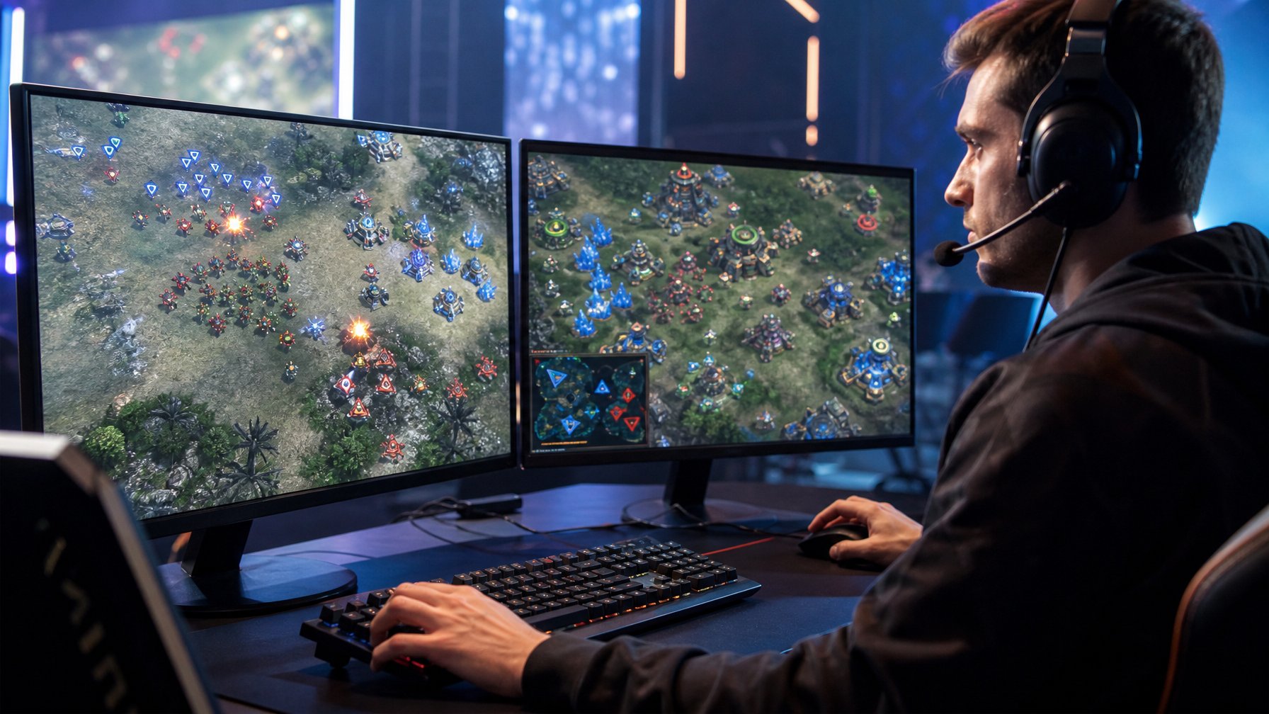 Pemain esports mengendalikan permainan strategi waktu nyata di depan beberapa monitor dalam suasana kompetisi.