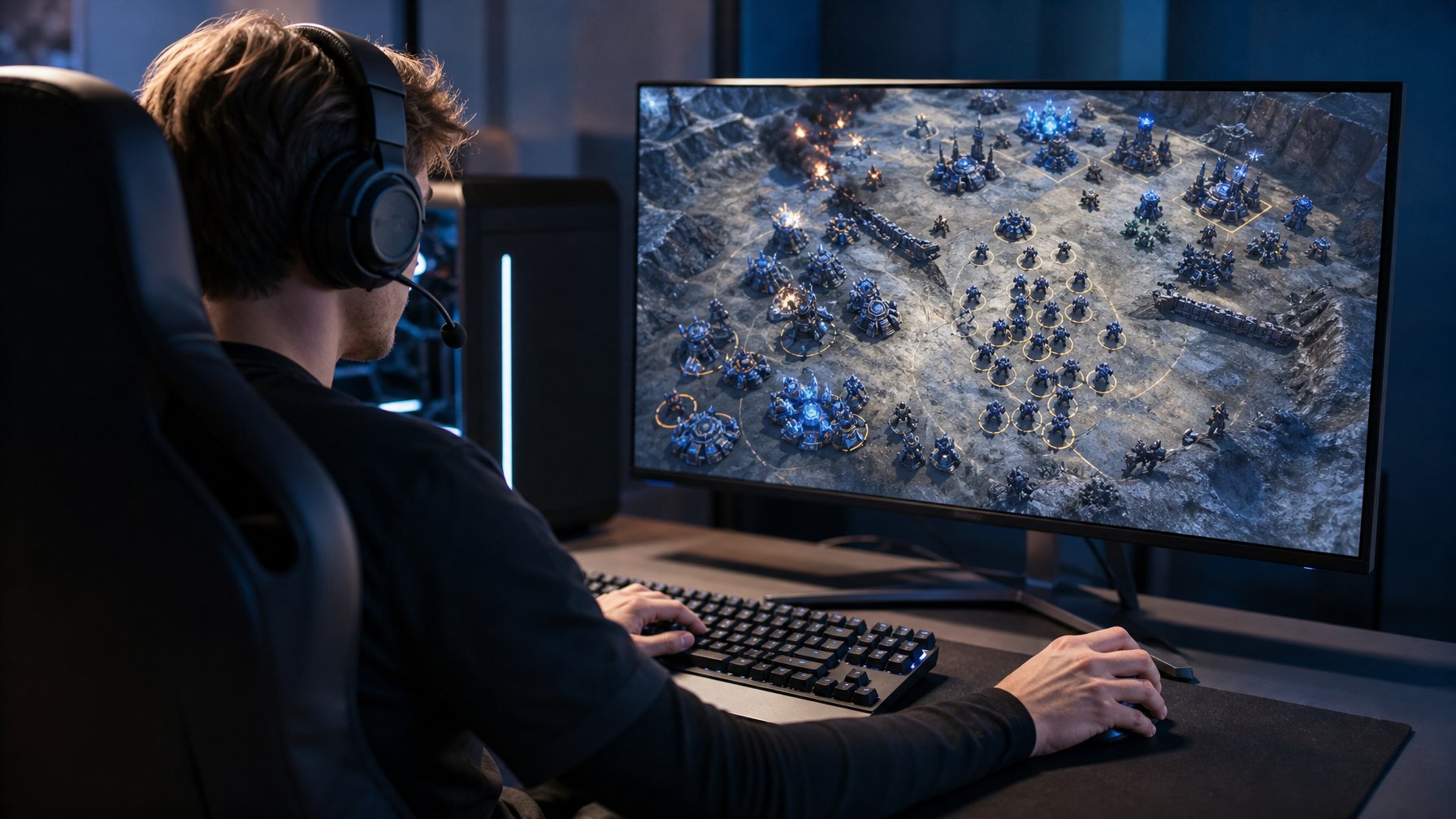 Pemain esports mengendalikan pasukan dalam permainan strategi waktu nyata menggunakan komputer.