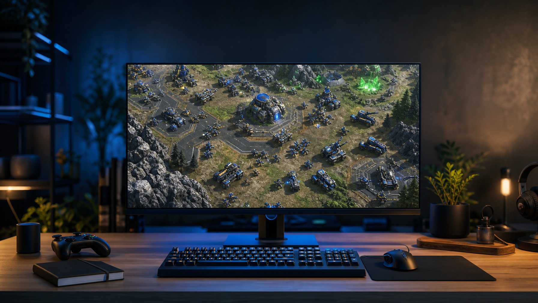 Meja gaming modern dengan monitor yang menampilkan medan perang strategi futuristik dari atas.