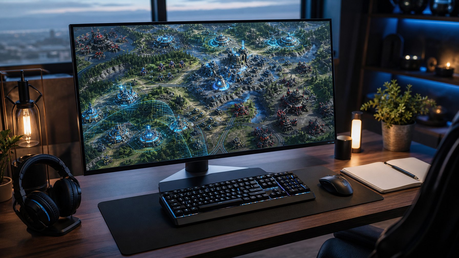 Meja gaming modern dengan monitor yang menampilkan peta medan perang futuristis tanpa tulisan.