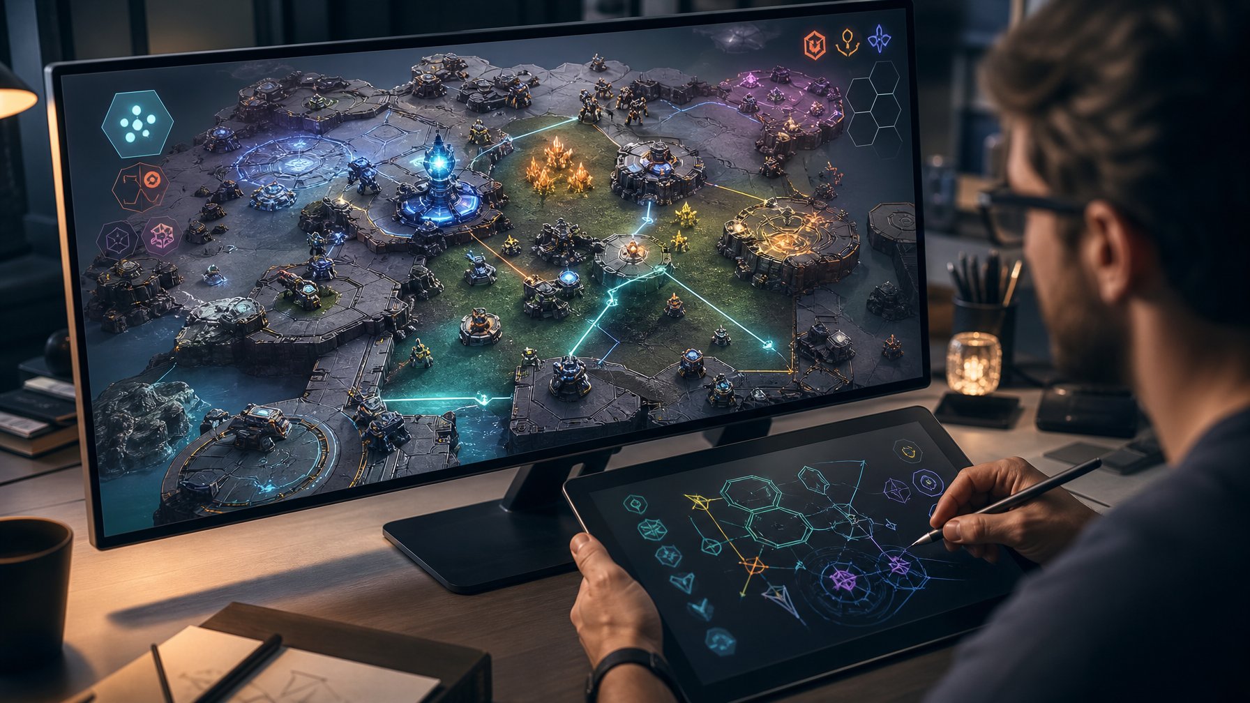 Seorang analis mengamati pertempuran strategi futuristis dengan unit-unit kecil di medan modular melalui monitor.