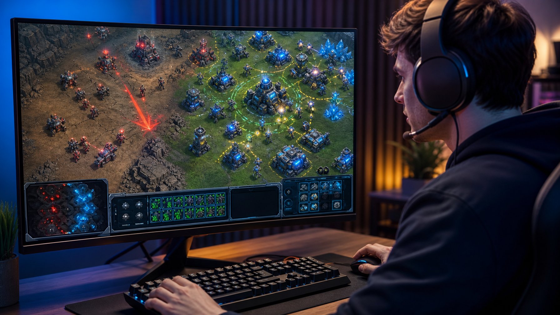 Pemain esports membandingkan strategi serangan cepat dan pengembangan ekonomi dalam permainan strategi waktu nyata.